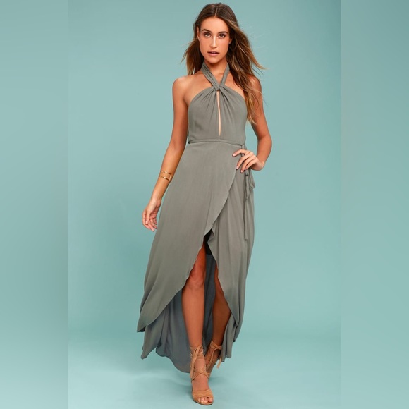 Lulus Marisha Washed Olive Green Halter Wrap Dress - Picture 2 of 16